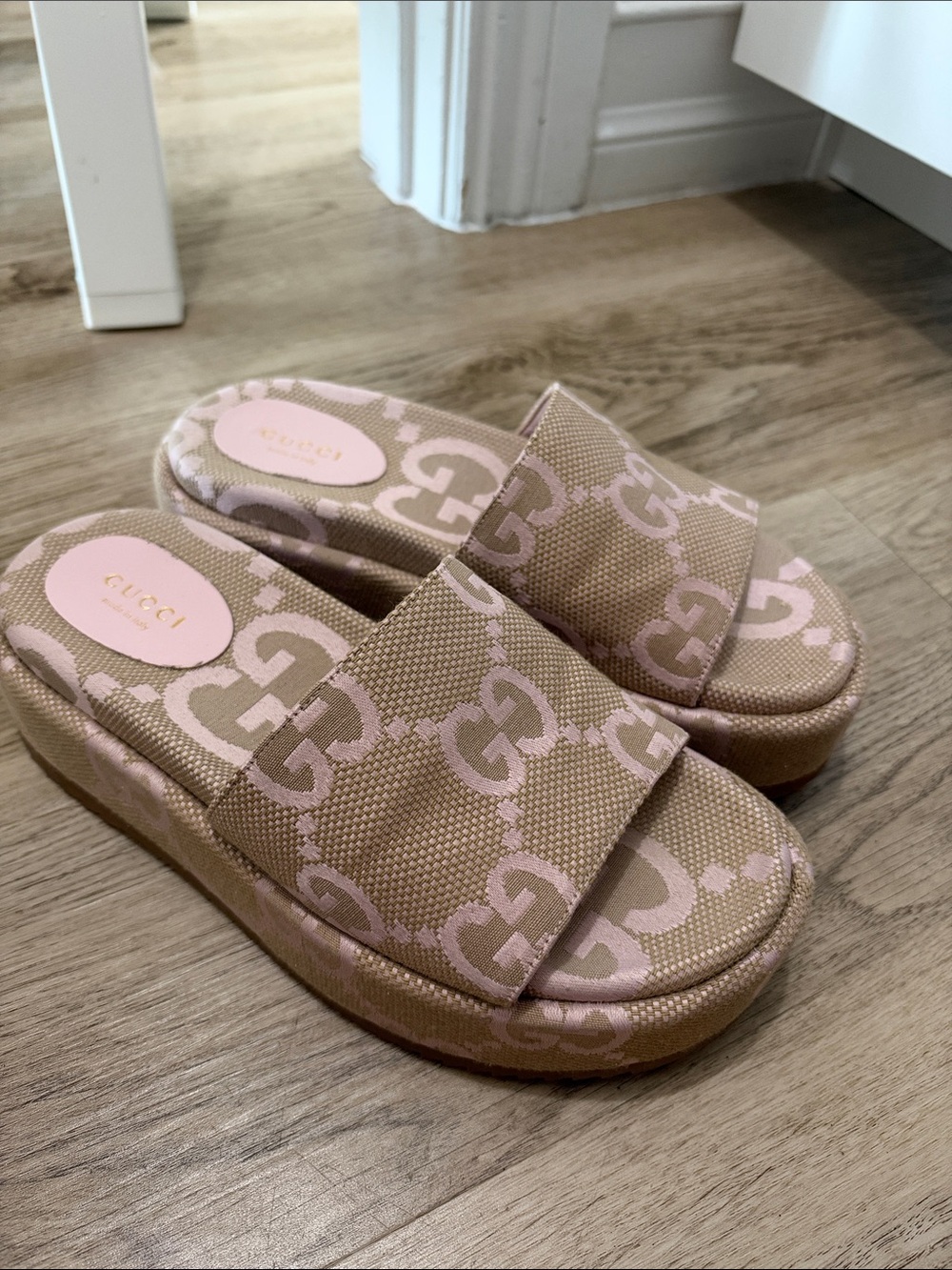 Gucci Beige and Pink GG Canvas Platform Slide Sandals
